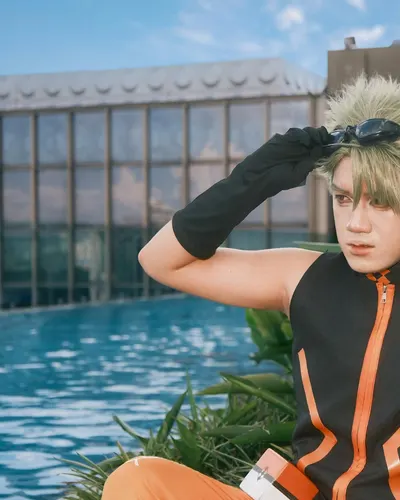 A cosplayer poses in character by a poolside, showcasing detailed costume design 4k anime wallpaper
