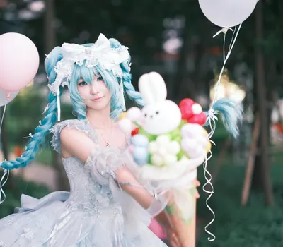A whimsical cosplay portrait featuring a character with blue hair holding balloo 4k anime wallpaper