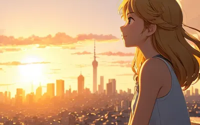 Anime Girl Watching Sunset City phone anime wallpaper