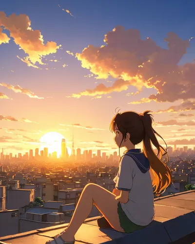 Anime Girl Watching Sunset City tablet anime wallpaper