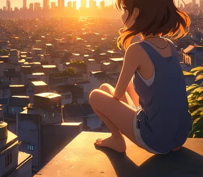 Anime Girl Watching Sunset City tablet anime wallpaper