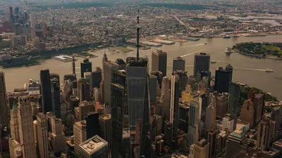 Stunning aerial photo capturing Manhattan skyline overlooking the Hudson River a 4k city wallpaper
