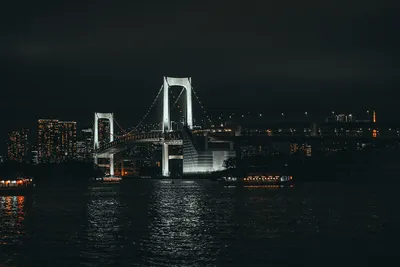 Stunning night view of the illuminated Rainbow Bridge in Tokyo, Japan with city  4k city wallpaper