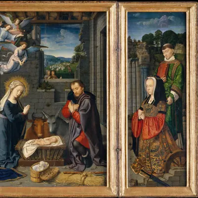 The Nativity with Donors and Saints Jerome and Leonard hd dark wallpaper