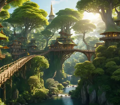 Elven City in Trees hd fantasy wallpaper