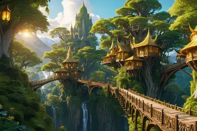 Elven City in Trees hd fantasy wallpaper