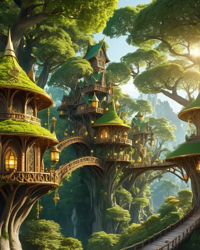 Elven City in Trees phone fantasy wallpaper