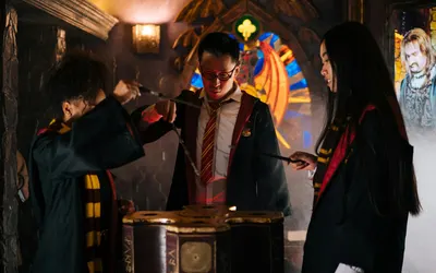 Three young wizards in robes and scarves casting spells with wands in a mystical 4k fantasy wallpaper