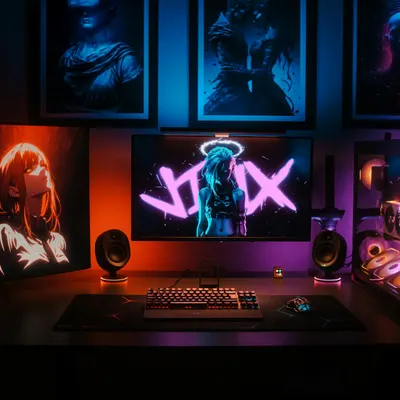 A dynamic gaming setup showcasing neon LED lights and anime-inspired art, perfec 4k gaming wallpaper