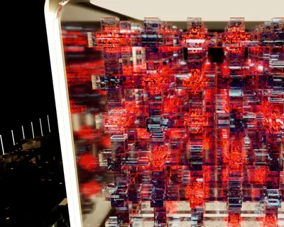 Complex digital structure of red and black blocks, creating a 3D illusion. 4k gaming wallpaper