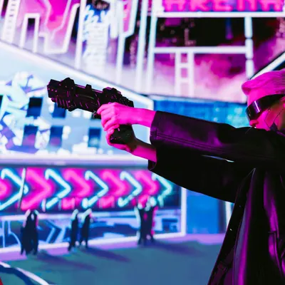 Person in cyberpunk attire aims futuristic gun in neon-lit scene 4k gaming wallpaper