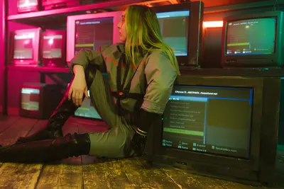 Woman in cyberpunk attire sits surrounded by vintage TVs in a neon-lit room, evo 4k gaming wallpaper