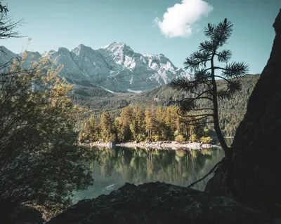 Breathtaking view of Zugspitze and Eibsee reflecting nature's beauty on a clear  4k lake wallpaper