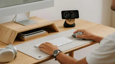 A clean and modern desk setup featuring a computer, clock, and accessories in a  4k minimal wallpaper