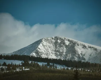 A stunning view of a snow-covered mountain peak surrounded by evergreen trees in 4k mountain wallpaper