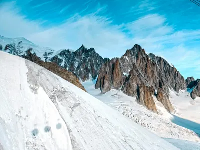 Breathtaking photo of snow-capped Mont Blanc peaks under a clear blue sky. 4k mountain wallpaper