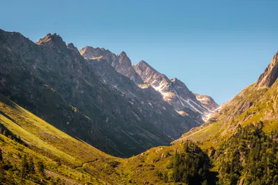 Scenic view of the Pyrenees mountains under a clear blue sky in Occitanie, Franc 4k mountain wallpaper
