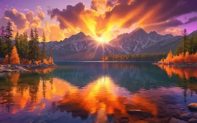 Golden Sunset Over Mountain Lake 4k nature wallpaper