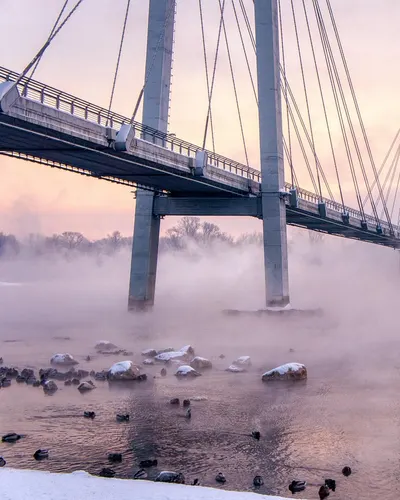 River bridge fog 4k nature wallpaper