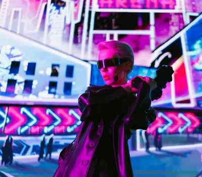 A woman in a futuristic setting wearing cyberpunk sunglasses holding a weapon. 4k neon wallpaper