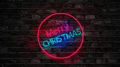 Vibrant neon Merry Christmas sign glowing on a dark brick wall, perfect for holi 4k neon wallpaper