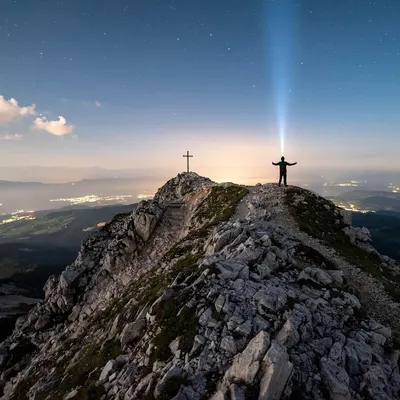 Mountains man cross 4k space wallpaper