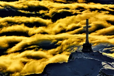 Cross mountain top clouds 4k sunset wallpaper